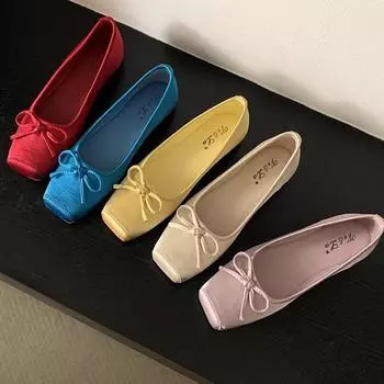French bow women s shoes retro square head blue small single shoes ballet shoes spring and summer new ladyshoes inner height-increasing shoes 35 абрикосовый