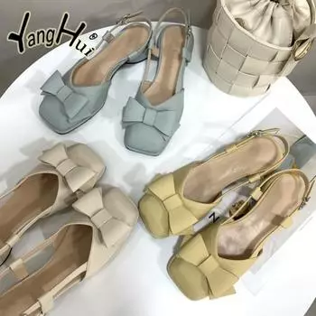 Французские туфли-лодочки с бантом 2024 года, весна-лето, новые модные босоножки средней длины, туфли-лодочки Mary Jane, женские туфли на толстом каблуке с пуговицами Baotou 35 абрикосовый