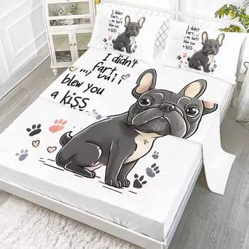 French Bulldog 4-Piece Set, A Cute French Bulldog Sitting Up, Including 1 Bed Sheet, 1 Duvet Cover, 2 Pillowcases (Kids, Gift) 99cmx199cm