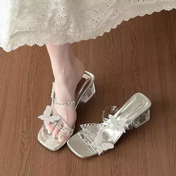 French butterfly high-heeled slippers women s summer wear 2024 new fashion versatile fairy style thick heel with skirt sandals 35 серебряный