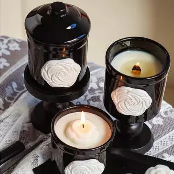 French Camellia Black Ceramic Mug Aromatherapy Cup Coffee Mugs Home Decoration Candle Wooden Holder Household Ornaments 201-300ml