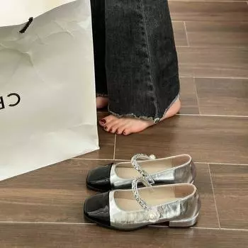 French chain pearl woman 2024 new square head shallow mouth word with Mary Jane small leather shoes tide 35 чёрный