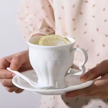 French Court Relief Cup Creative Ceramic Breakfast Milk Cup Afternoon Tea Home Coffee Cup Dish Set with Spoon Included 201-300ml