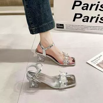 French crystal heel women s sandals square head rhinestone word with high heels sandals fairy style fashion women s sandals 35