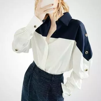 French Design Chic Contrast Color Loose Shirt Top Color matching S