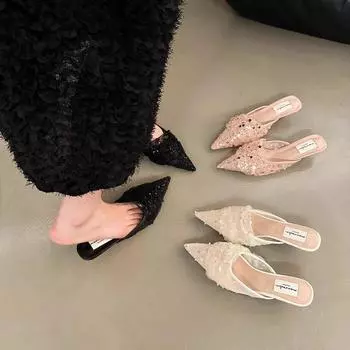 French Dress High Heels Half Slippers Spring and Autumn Style High Heels Evening Gentle Everything with Sequined Shoes 35 абрикосовый