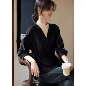 French Elegant Fake Two-piece Contrasting Shirt for Women In Winter Drawstring Waist and Slimming Shirt S чёрный