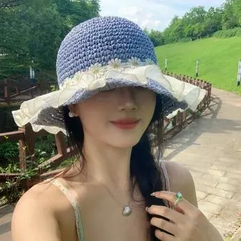 French Elegant Lace Daisy Flower Straw Caps for Women in 2024 Summer New Seaside Vacation Sun Protection Big Brim Sun Hats 56-58cm бежевый