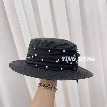 French Elegant Pearl Flat Top Top Top Hat Ladies Spring and Summer British Retro Fashion Linen Yarn Breathable Sunscreen Sun Hat Tide M56-58cm белый