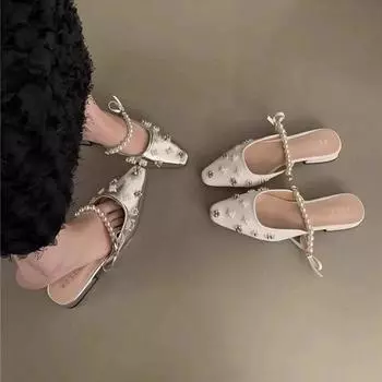 French evening bag head half drag women s shoes wear 2024 new spring and summer Korean version pearl low heel beautiful sandals 35 серебряный