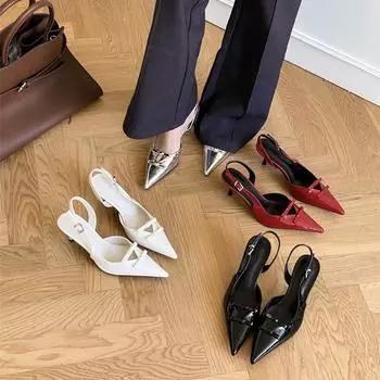 Французский Вечерний Бриз Сумка-бант Головные Сандалии Женская Обувь Остроносые Пустые Одинарные Туфли 35 красный