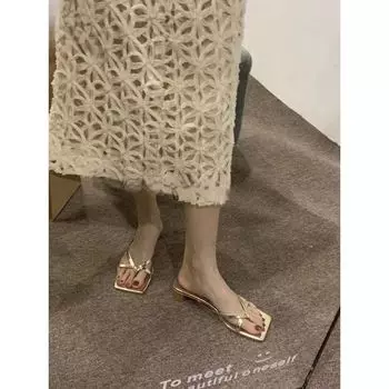 French evening breeze flip-flops women s summer 2025 new thick heel square toe silver sandals outside sandals 34