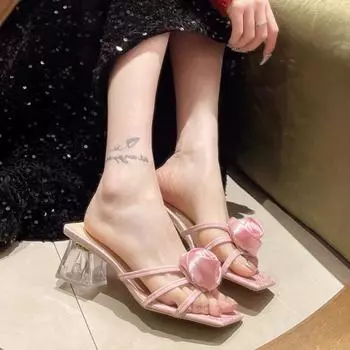 French Evening Breeze Slippers Women s Summer Wear 2024 New Design Sense Flower Sandals with Skirt High Heels Women s Sandals 35 чёрный