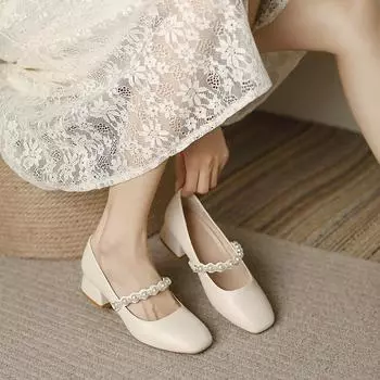 French Evening Shoes Super Soft Mary Jane With Cheongsam Thick Heel Women S Small Leather Shoes High Heels Single Shoes 35 абрикосовый