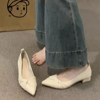 French evening wind pointed single shoes women s shoes versatile light mouth thick heel spring and autumn 2024 new with skirt temperament ladyshoes 35 хаки