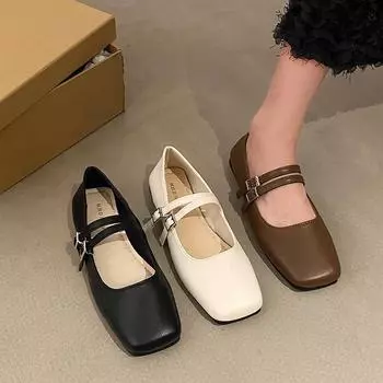 French evening wind silver single shoes female flat 2025 spring new temperament fairy commuter square head shallow mouth Mary Jane 35 чёрный