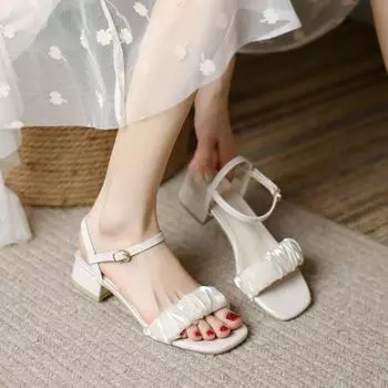 French fairy character with sandals women s 2024 summer new Korean version versatile square head thick heel mesh fashion women s shoes 34 зелёный