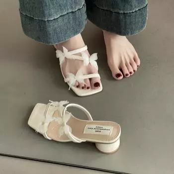 French fairy lace butterfly high heels summer 2025 new bag head sandals square head word with sandals women 35 чёрный