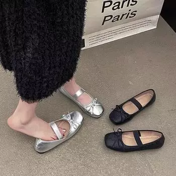 French fairy style bow single shoes in the summer of 2024 new gentle matching skirt soft-soled ballet single shoes women 35 чёрный