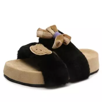 French fairy style sub-bow fluffy shoes female 2025 autumn and winter new outer wear advanced sense warm cotton drag female 35