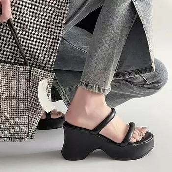 French fairy style thick-bottomed slope heel one-word slippers for women to wear 2025 spring new with skirt thick heel cool slippers 34 чёрный