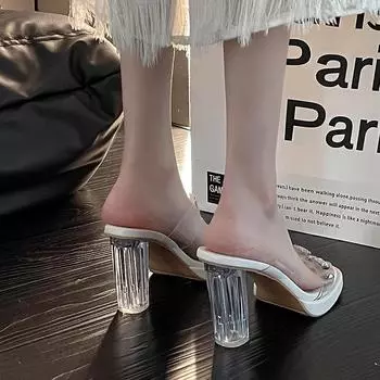 French fairy style thick heel rhinestone one-word female outer wear 2024 spring and summer new fashion crystal high heels 34