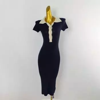 French Fashion Temperament Hip Skirt Women s Clothing Summer Lapels Short Sleeve Waist-Controlled Slimming Long Sexy Knitting Dress Black All yards