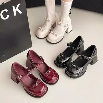 French fashion versatile bow shoes women s 2024 summer new one-word buckle with round head thick heel light mouth high heel single shoes 35 чёрный