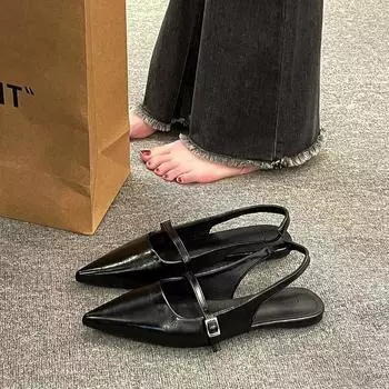Французские плоские черные сандалии Baotou Туфли-феи Новые весенне-летние туфли с острыми ромбами Темпераментные одинарные туфли Zapatos De Mujer 35
