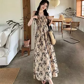 French Floral Ruched Suspender Skirt for Women 2025 Summer New Arrival Elegant Slim Looking Tight Waist V Neck A- line Fashionable Dress Black Rose L (47.50 kg-52.50 kg