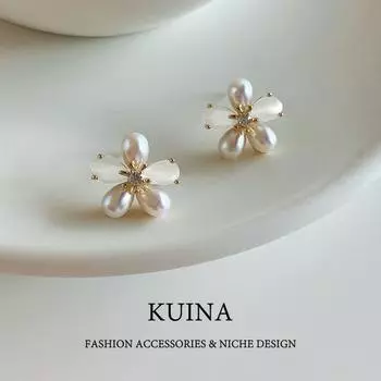 French Flower Pearl Stud Earrings Female Sterling Silver Earring/Pin 2025 New Arrival Best Selling Fancy Niche Style Unique Ear Rings As Shown in Pictures