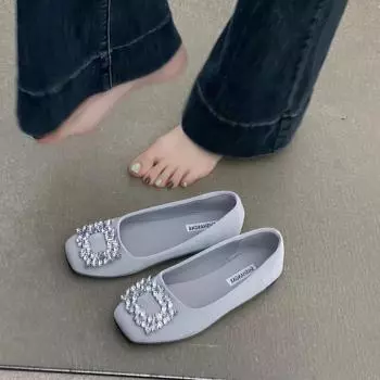 French gentle fairy shallow mouth single shoes female spring new fashion rhinestone square buckle evening breeze square head temperament Mary 35 чёрный