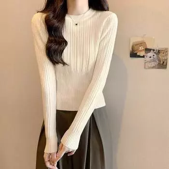 French gentle little fragrance apricot color knitted bottoming shirt for women with autumn and winter new round neck slim short top inside the sweater One Size