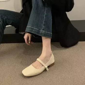 French gentle style evening shoes light mouth square head thick heel grandma shoes with skirt fairy style versatile soft sole single shoes woman 35