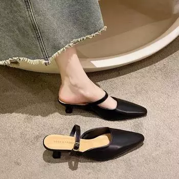 French gentle word with thick heel Mary Jane half single shoes women s summer wear solid color Muller bag head half slippers 35