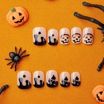 French Halloween False Nails Pumpkin Wearable Nails Manicure Tool Press on Nails Halloween Party False Nails