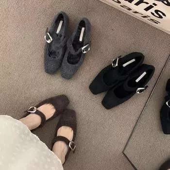 French high-end dark brown thick heel retro woolen single shoes women s shoes autumn and winter middle heel commuting evening cotton shoes 35 серый