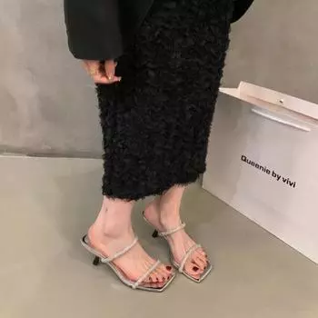 French high-end rhinestone slippers fairy shoes 2024 new summer wear sandals high-heeled sandals 35 чёрный