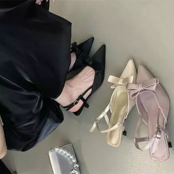 French High-End Satin Bow Gentle Wind Evening Shoes Bag Head Sandals Women S Shoes Stiletto Single Shoes 35 абрикосовый