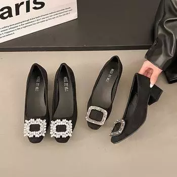 French high-end single shoes women s 2024 winter new temperament rhinestone high heels thick heel square head commuting evening shoes 35