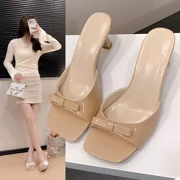 French high-heeled slippers women s 2025 new summer outer wear square heel one-word drag bow sandals versatile temperament 35
