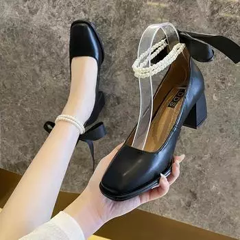 French high heels temperament high-end women s new spring leather square head thick heel single shoes bow fairy shoes 35
