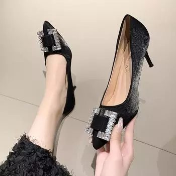 French high heels women s 2024 new black thin heel rhinestone square buckle pointed sexy professional single shoes women 34