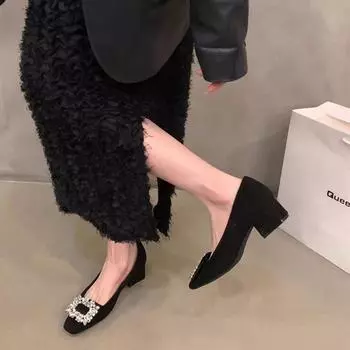 French high heels women s head spring 2025 new Korean version temperament versatile rhinestone square heel single shoes women s commuting 35 чёрный