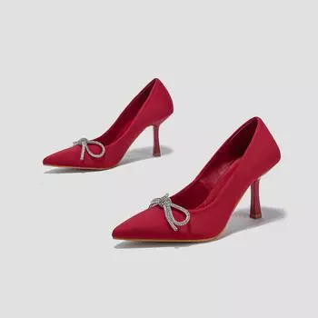 Французские туфли на высоком каблуке, Женский бант со стразами, Темперамент светской львицы, Простые летние туфли большого размера 35