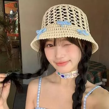 French hollow blue bow straw hat women s new summer seaside hat niche design sunscreen visor M (56-58cm) 3 small bow basin caps бежевый