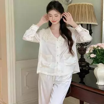 French Ice Silk Pajamas Women s Autumn Long Sleeve Trousers Cardigan Suit Autumn New Outfit S слоновая кость
