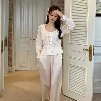 Пижама из французского шелка Ice Silk, женские брюки с длинными рукавами, комплект, простая весенняя и осенняя пижама, домашняя одежда, куртка S слоновая кость