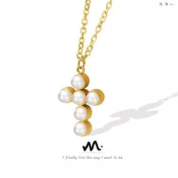 French Imitation Pearl Cross Light Luxury Pendant Necklace Versatile Clavicle Chain Jewelry