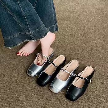 French inner heightening bag head half slippers women s 2025 summer new cool slippers outer wear evening breeze Mary Jane single shoes 34 чёрный